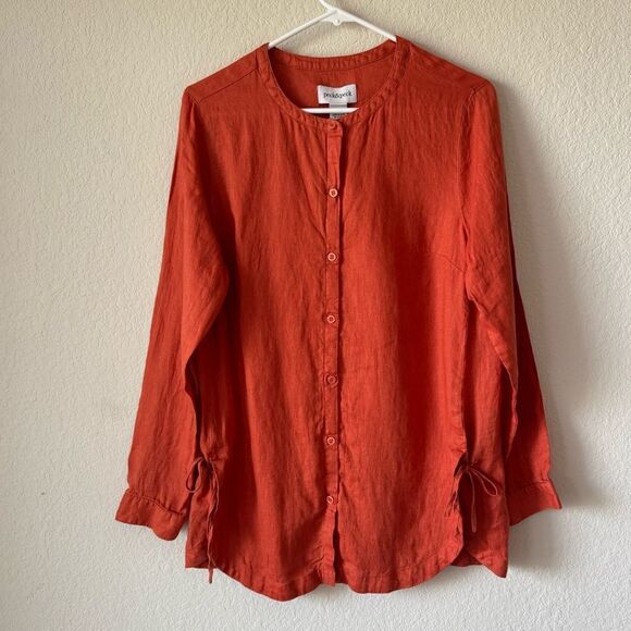 Peck & Peck Collarless 100% Linen Button-Down Top Shirt M Boho Coastal Lagenlook - Picture 1 of 6